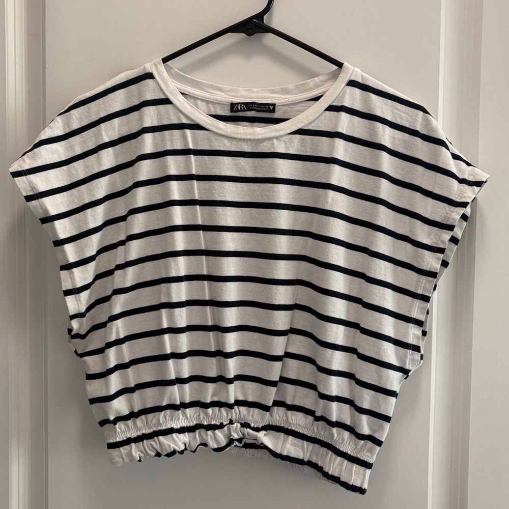 Zara Black and White Striped Crop Top with Cap Sleeves